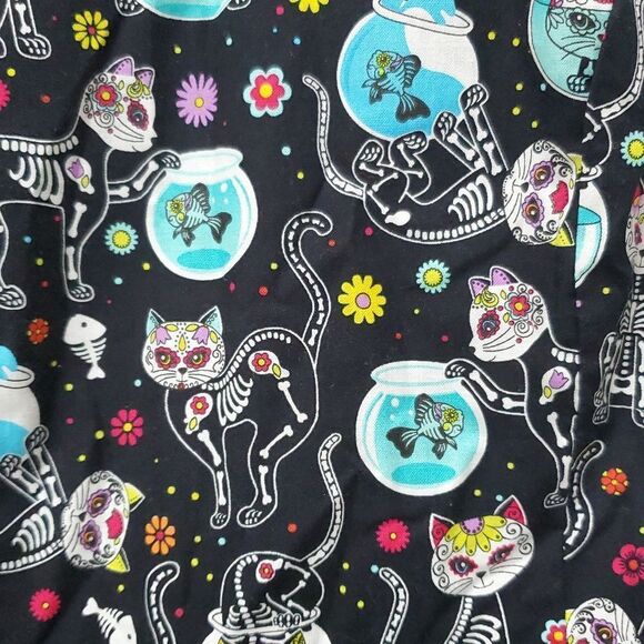 Hemet Multicolor Day Of The Dead Cat Cotton Fit & Flare Mini Dress Medium - Picture 2 of 4